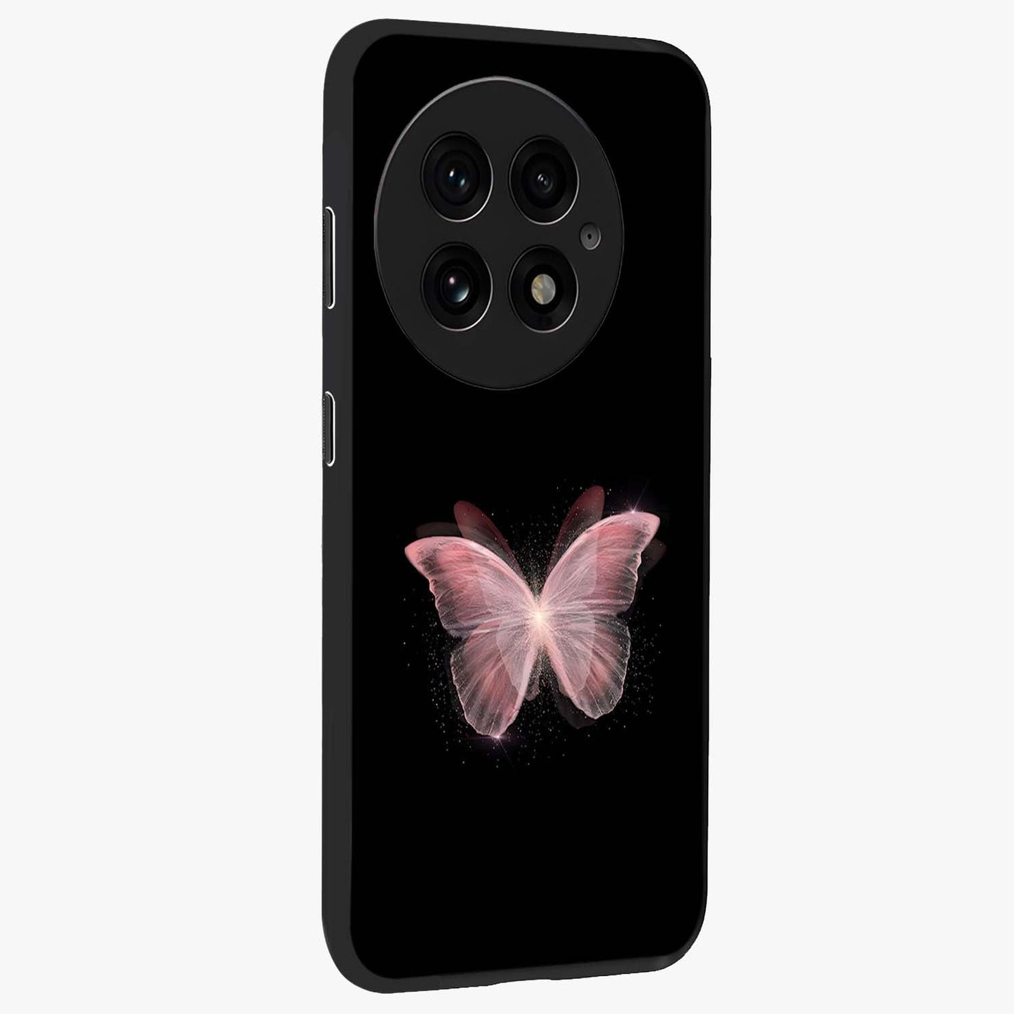 Celestial Wings Butterfly Glass Case for 1+13 side perspective highlighting intricate butterfly textures and smooth edges