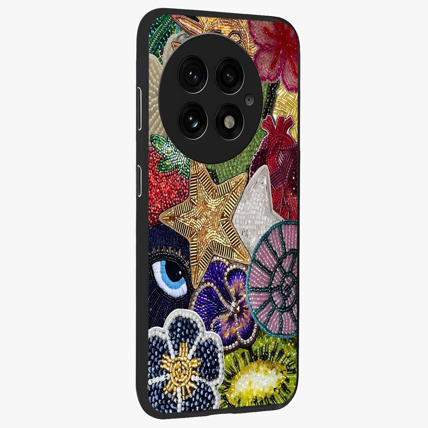 Cosmic Charm Shine Glass Case for 1+13 side perspective highlighting luminous detailing and sleek edge design