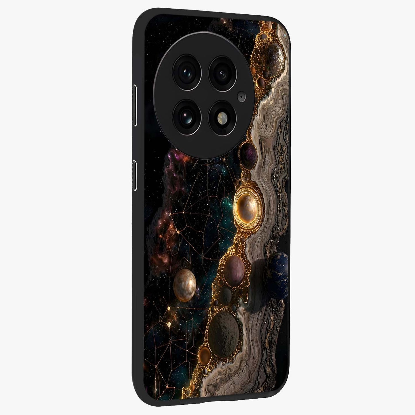 Cosmic Gold Path Glass Case for 1+13 side perspective highlighting premium metallic detailing and sleek edges