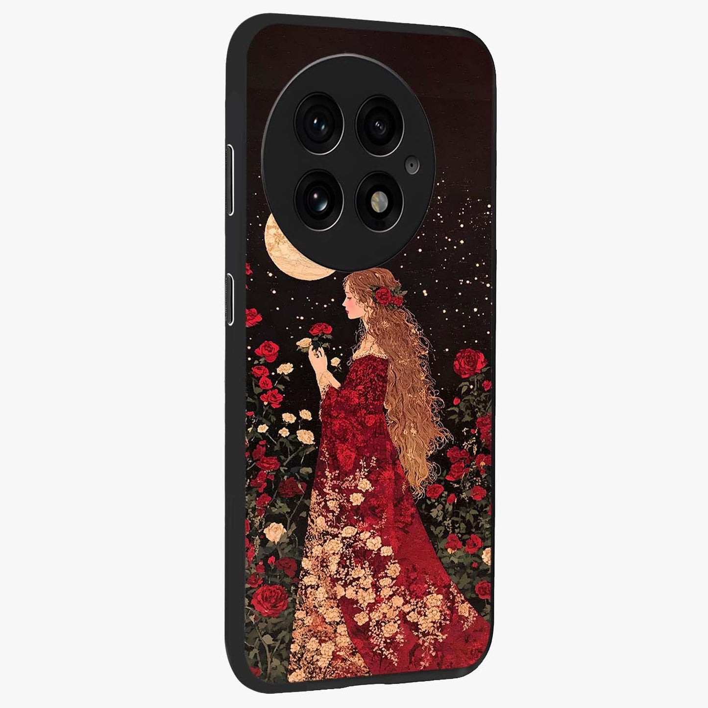 Crimson Dreams Glass Case for 1+13 side perspective highlighting vibrant tones and premium edge detailing