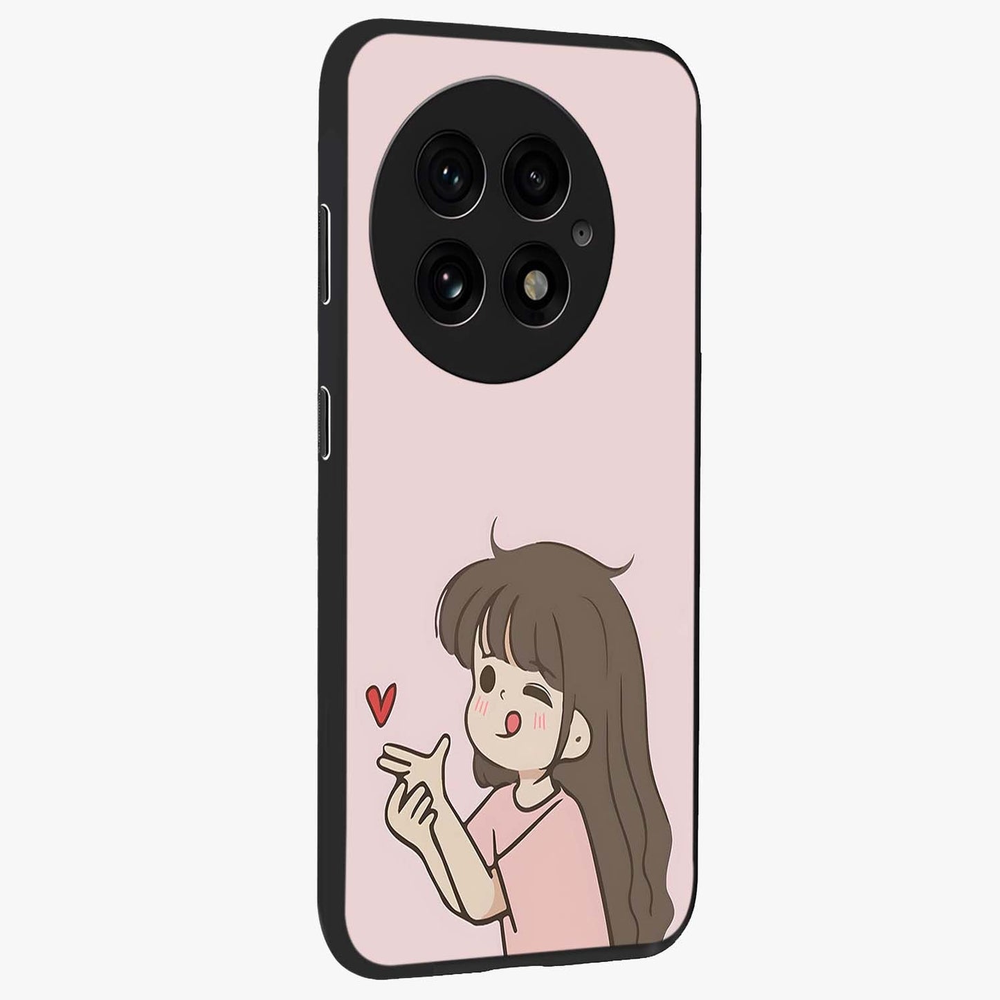 Cute Kiss Heart Glass Case for 1+13 side perspective highlighting delicate heart detailing and premium edge finish