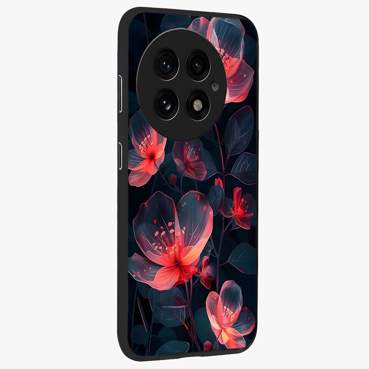 Dark Shade of Flower Glass Case for 1+13 side perspective highlighting elegant dark floral textures and sleek build