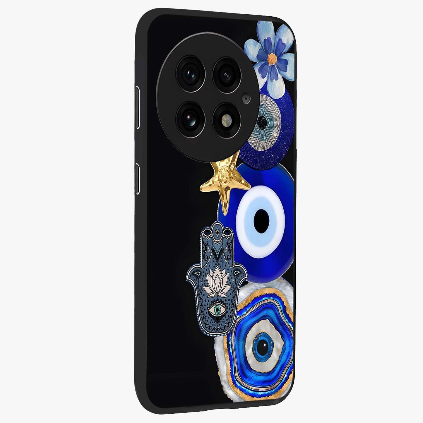 Divine Eye Bloom Glass Case for 1+13 side perspective highlighting intricate bloom patterns and sleek build
