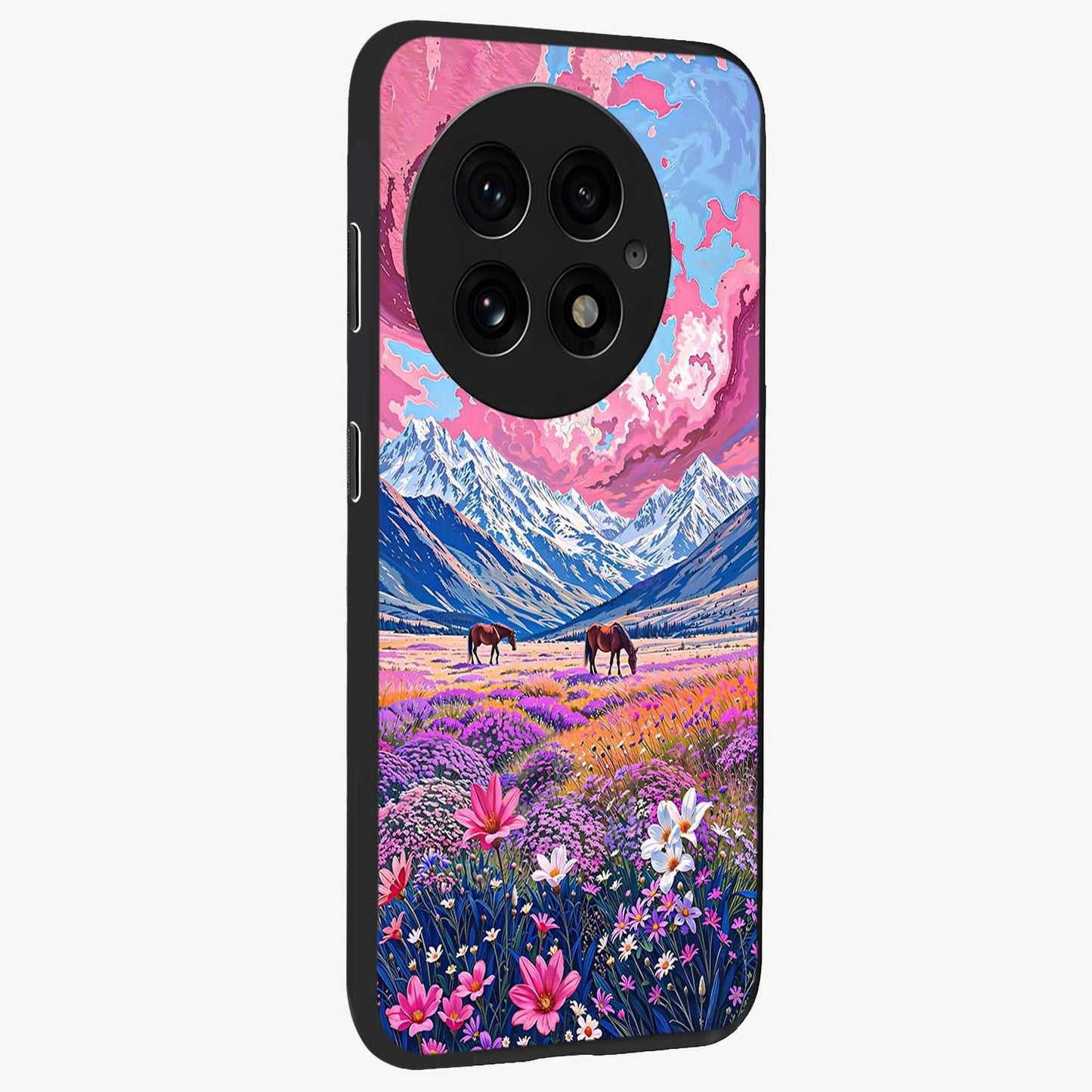 Dreamy Floral Pastures Glass Case for 1+13 side perspective highlighting calming floral detailing and sleek build