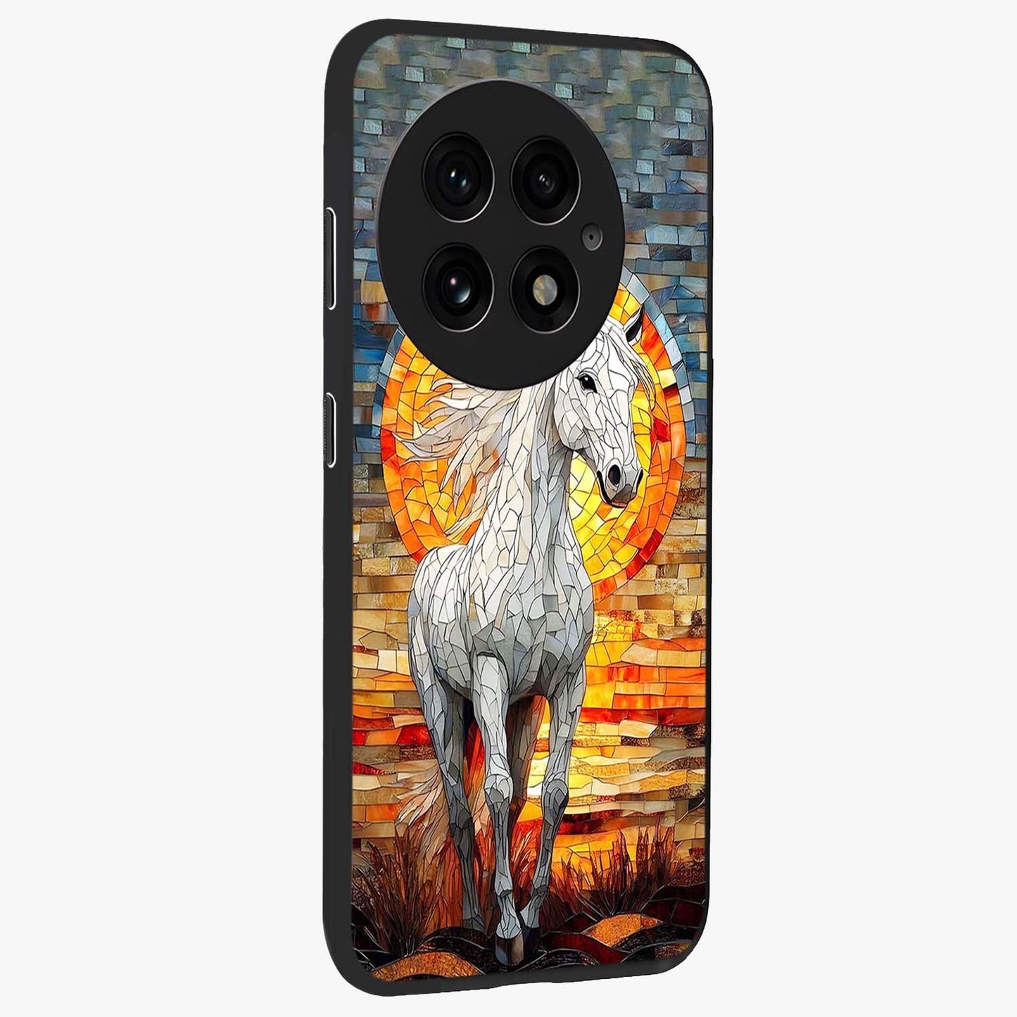 Elected Horse Glass Case for 1+13 side perspective highlighting strong textures and sleek premium build