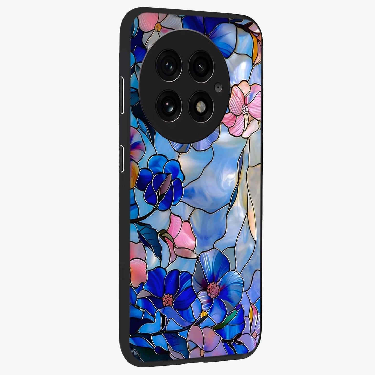 Eternal Floral Stained Glass Case for 1+13 side perspective highlighting colorful floral detailing and premium edge finish