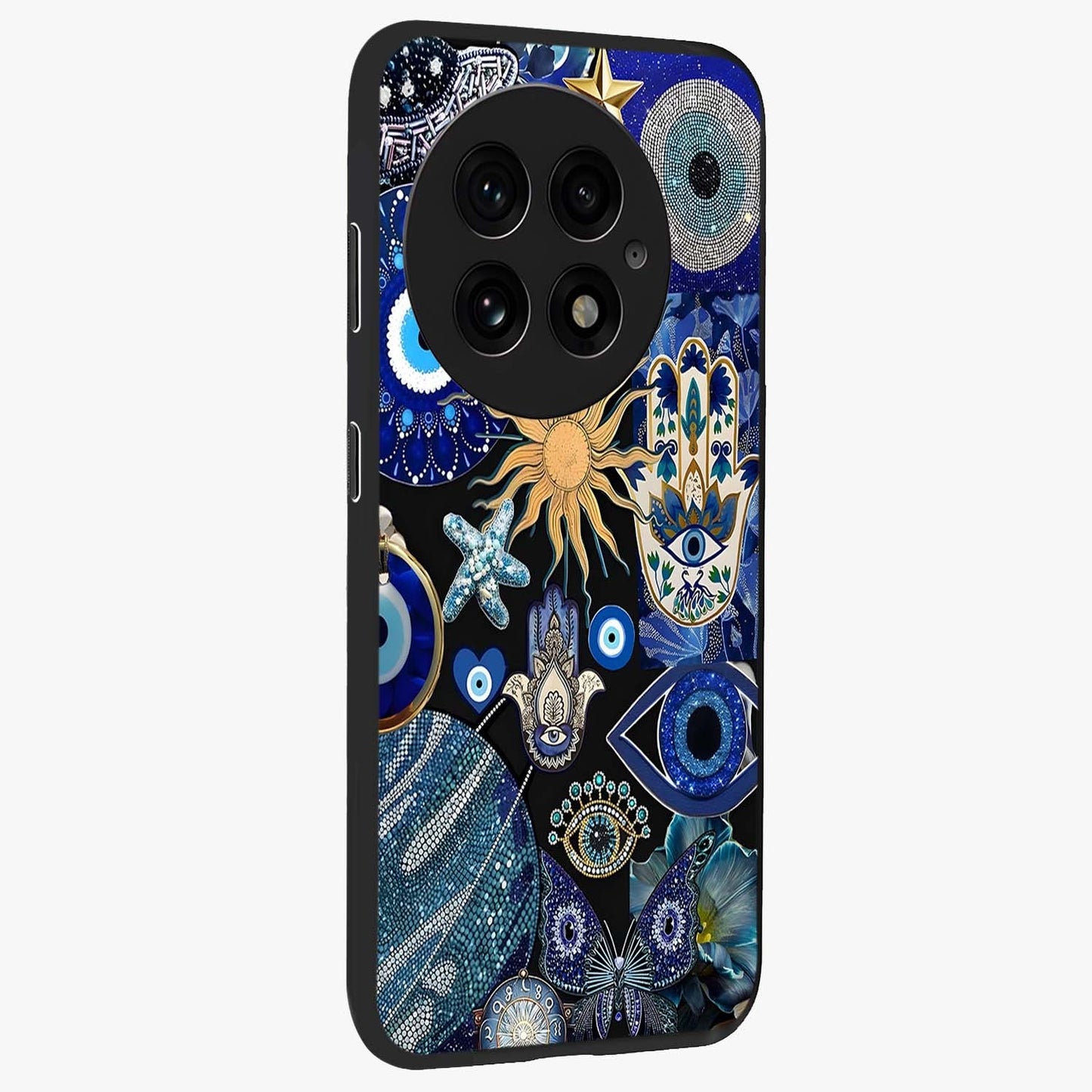 Evil Eye Charm Mix Glass Case for 1+13 side perspective highlighting intricate charm detailing and smooth build