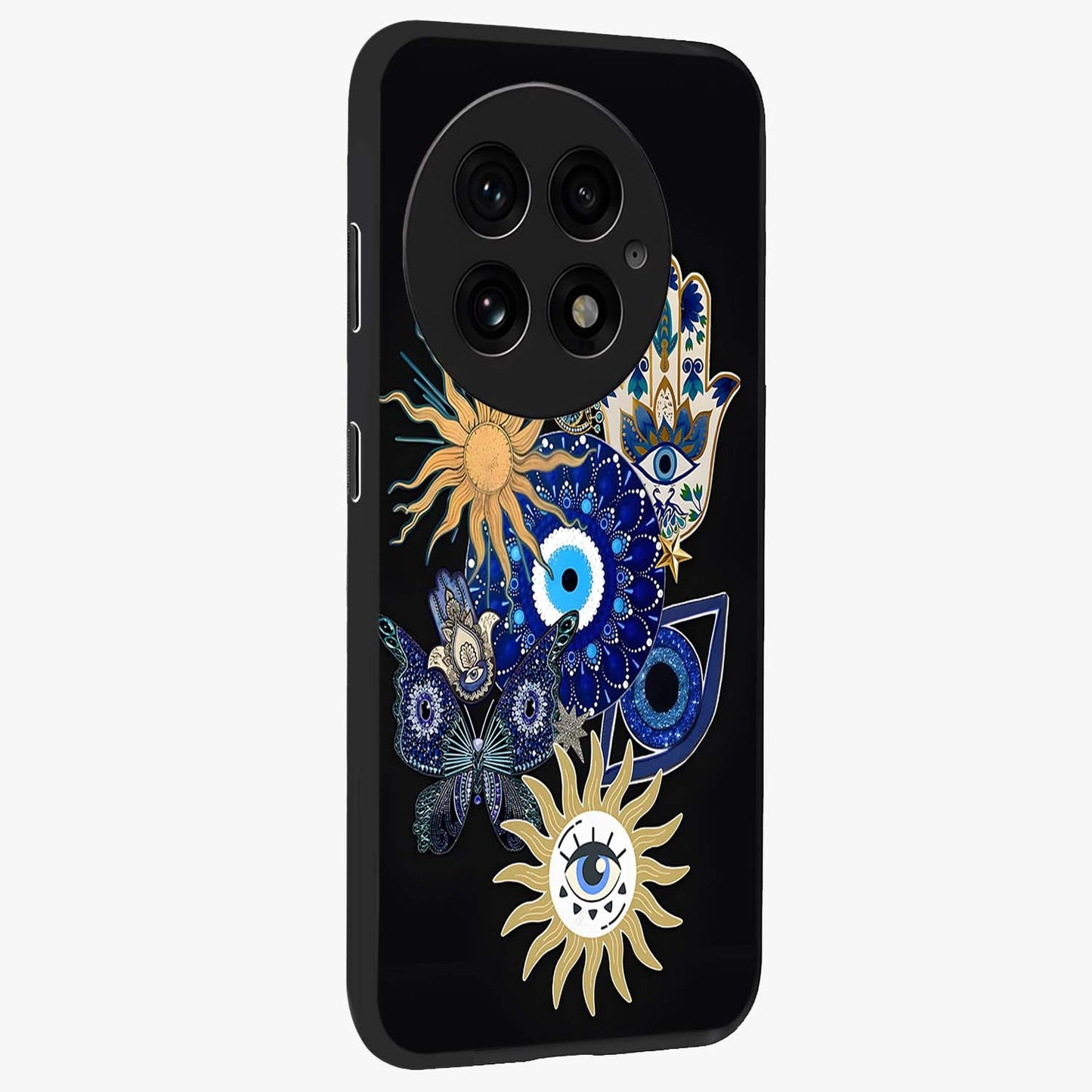 Evil Eye Charm Vibes Glass Case for 1+13 side perspective highlighting vibrant textures and premium edge finish