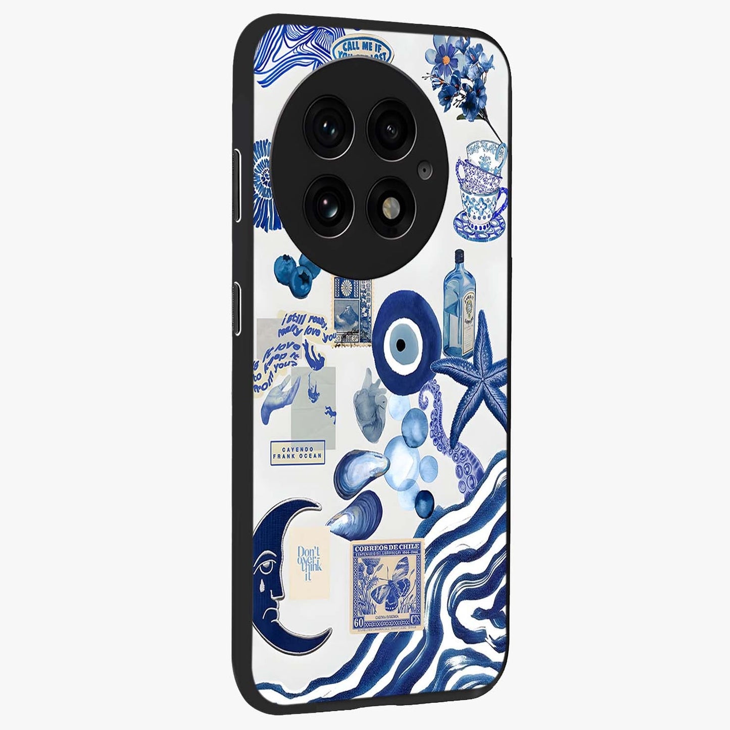 Evil Eyes Dark Blue Glass Case for 1+13 side perspective highlighting intense blue detailing and premium build