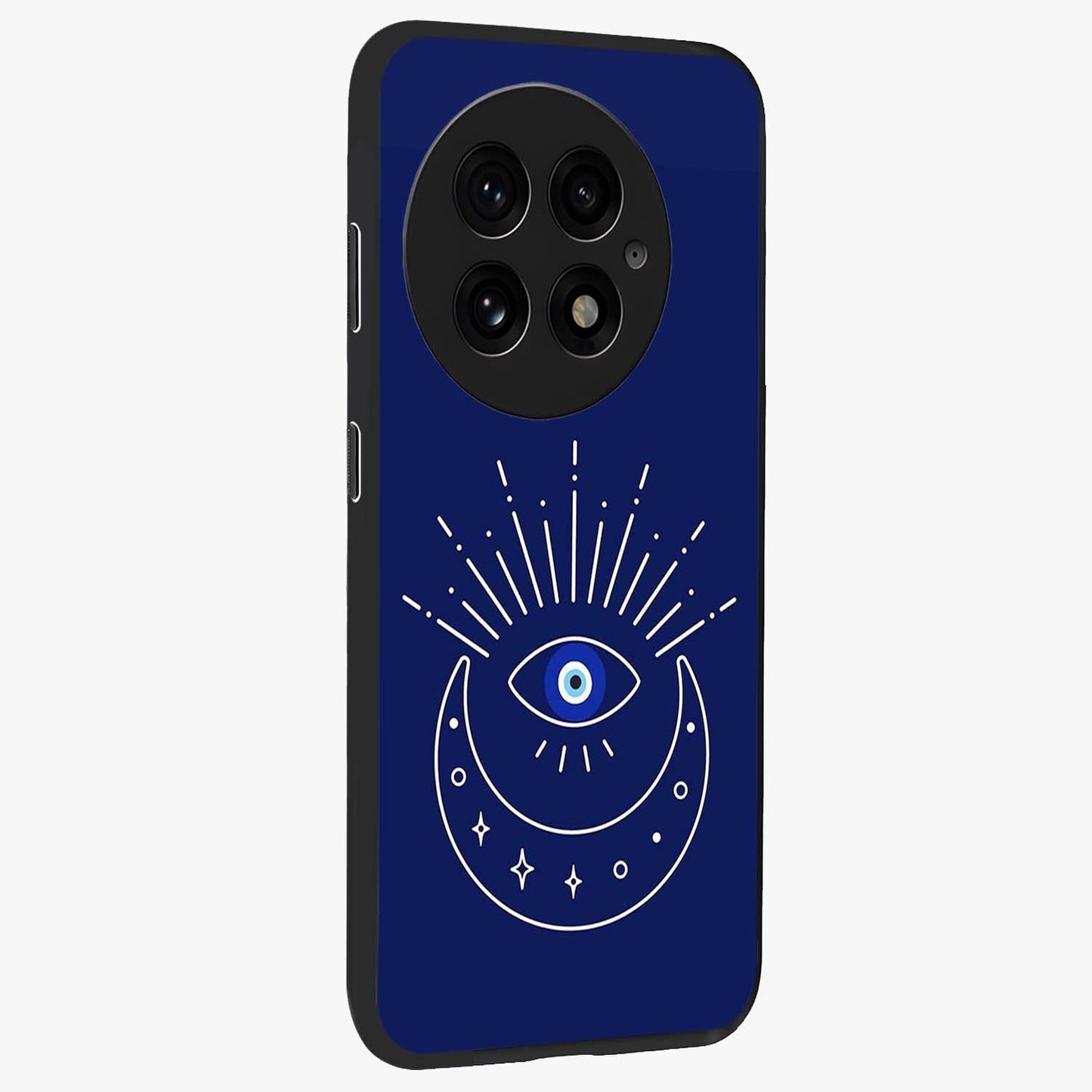 Evil Eye With Blue Themed Collage Glass Case for 1+13 side perspective highlighting bold collage detailing and smooth edges