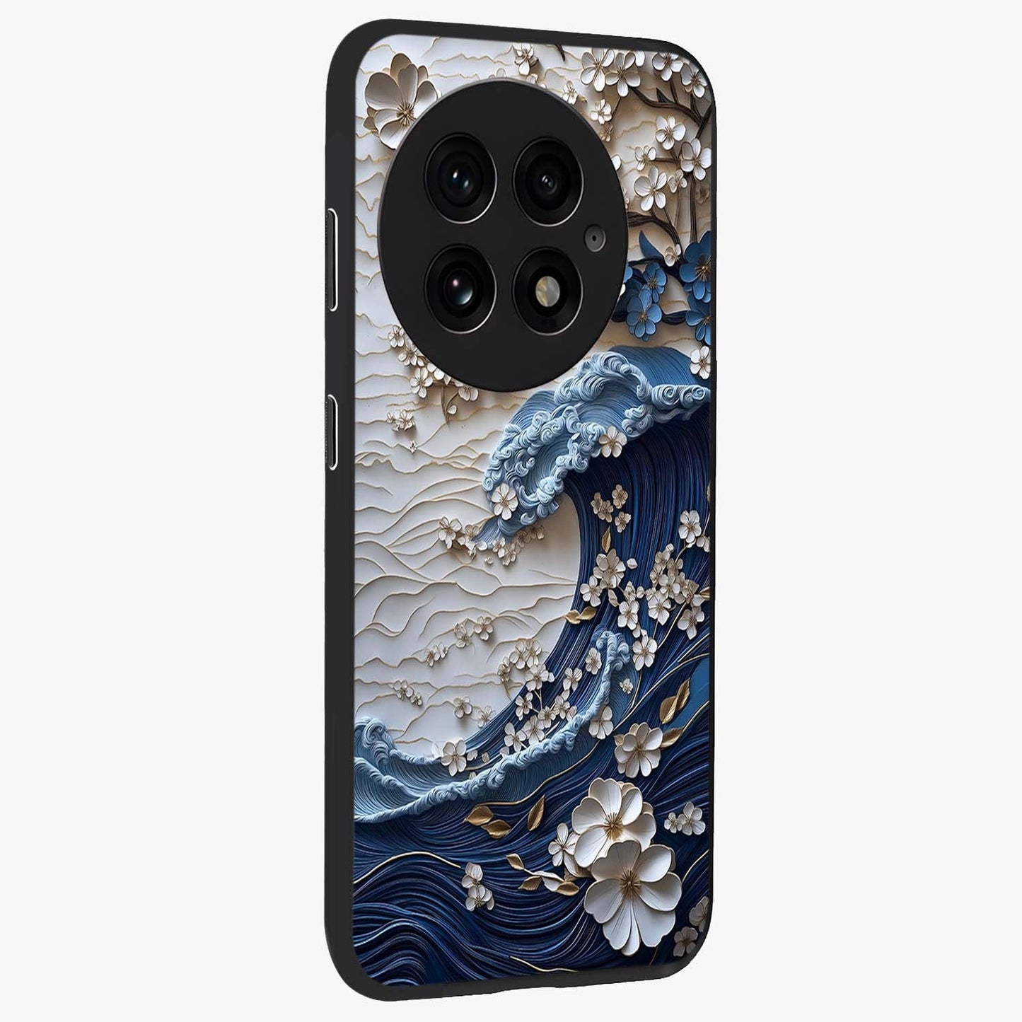 Floral Wave Origami Glass Case for 1+13 side perspective highlighting sharp origami textures and sleek premium edges