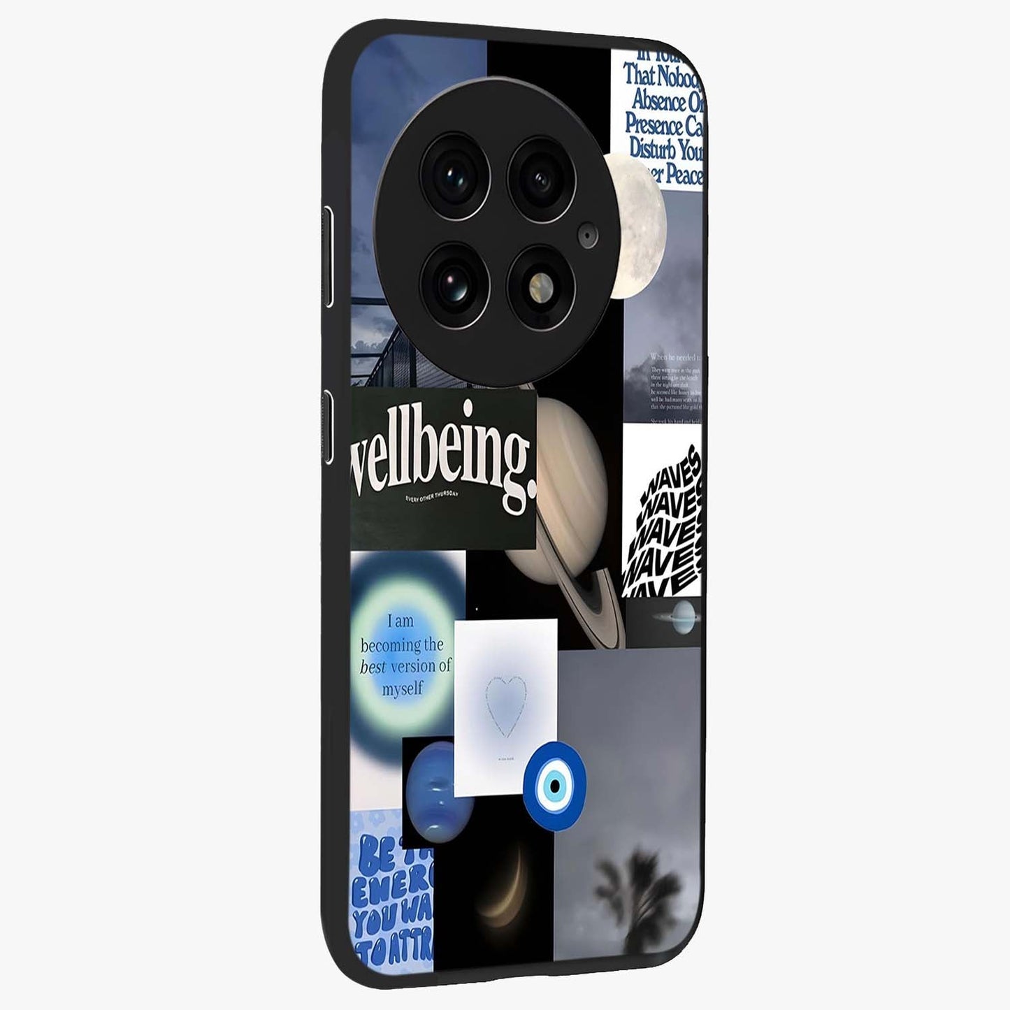 Galactic Energy Collage Glass Case for 1+13 side perspective highlighting bold abstract detailing and sleek build