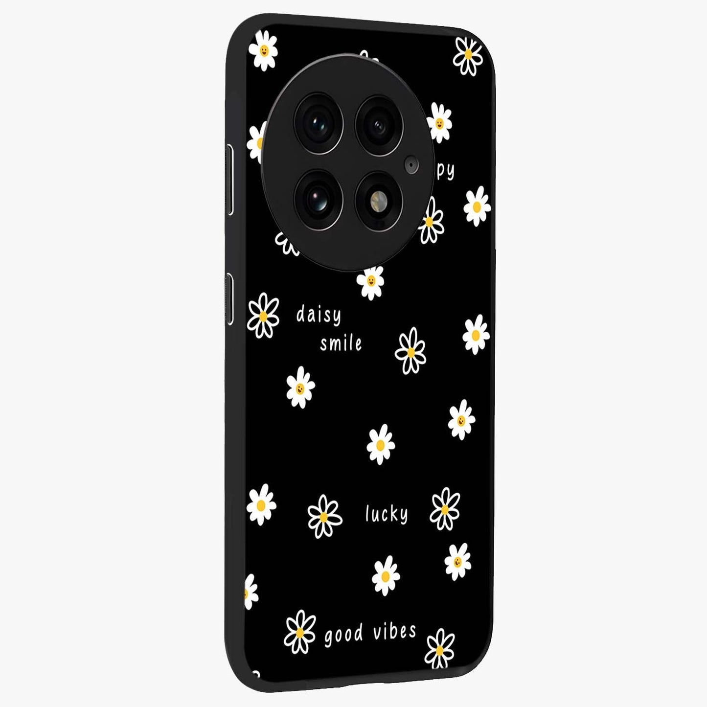Good Vibes Daisy Black Pattern Glass Case for 1+13 side perspective highlighting playful daisy detailing and smooth edges