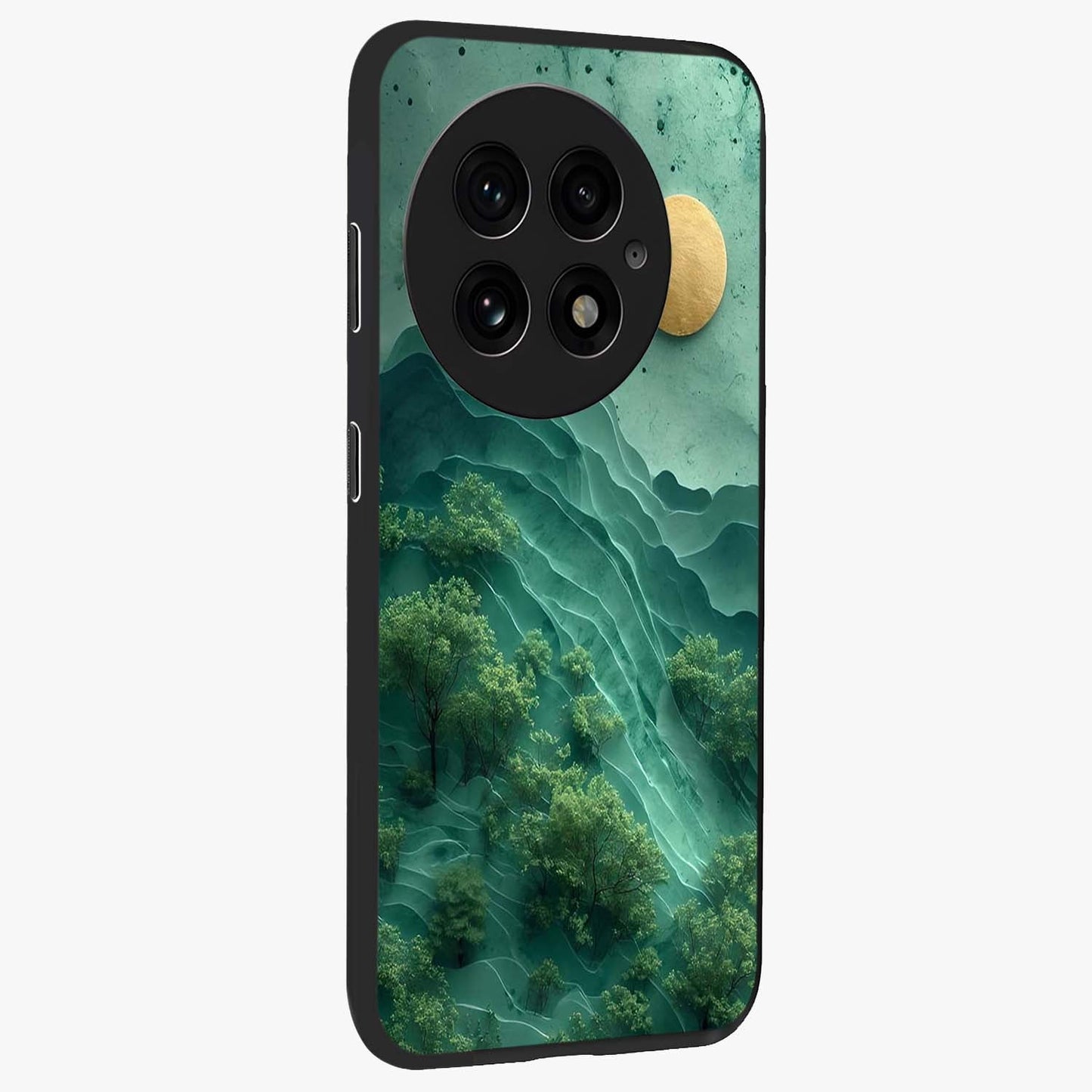 Green Hills With Sun Glass Case for 1+13 side perspective highlighting serene landscape textures and premium build