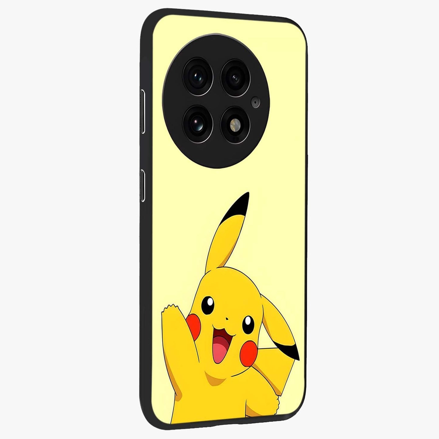 Happy Electric Pikachu Glass Case for 1+13 side perspective highlighting lively character detailing and sleek build