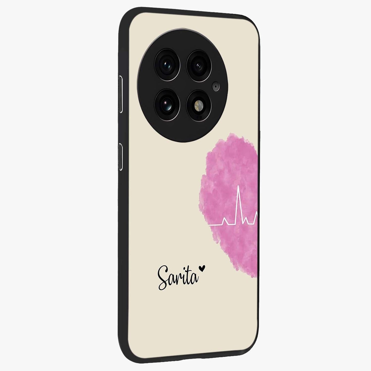 Heartbeat of Love Glass Case for 1+13 side perspective highlighting delicate heart detailing and smooth premium edges