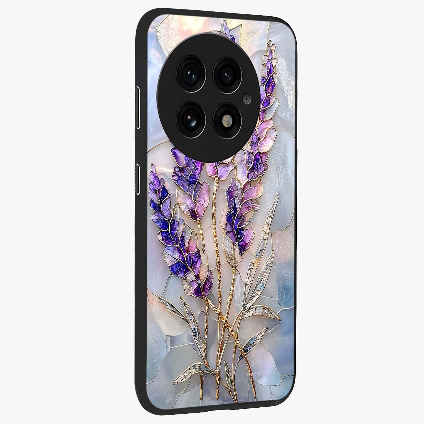Lavender Dream Glow Glass Case for 1+13 side perspective highlighting vibrant textures and smooth premium build