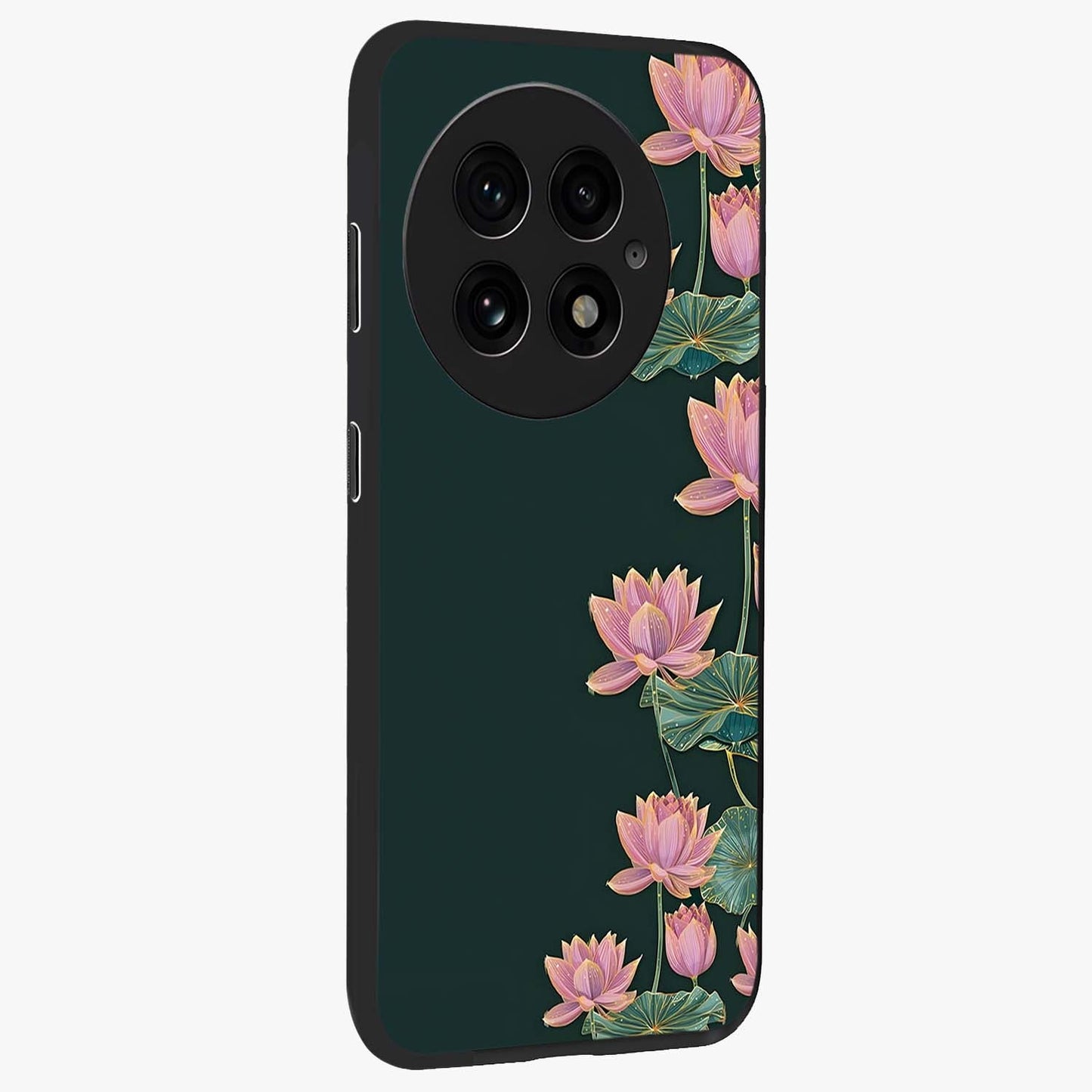 Lotus Bloom Serenity Glass Case for 1+13 side perspective highlighting delicate petal textures and premium edges