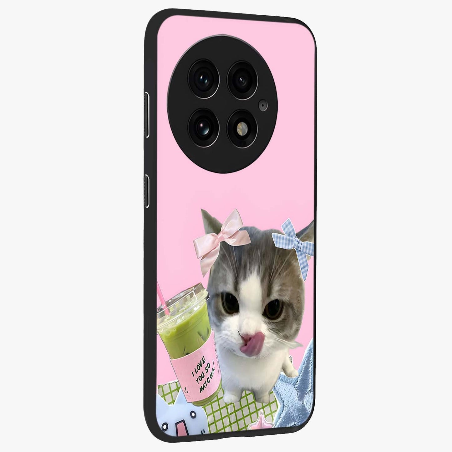 Love Matcha Cat Glass Case for 1+13 side perspective highlighting charming feline textures and smooth edges