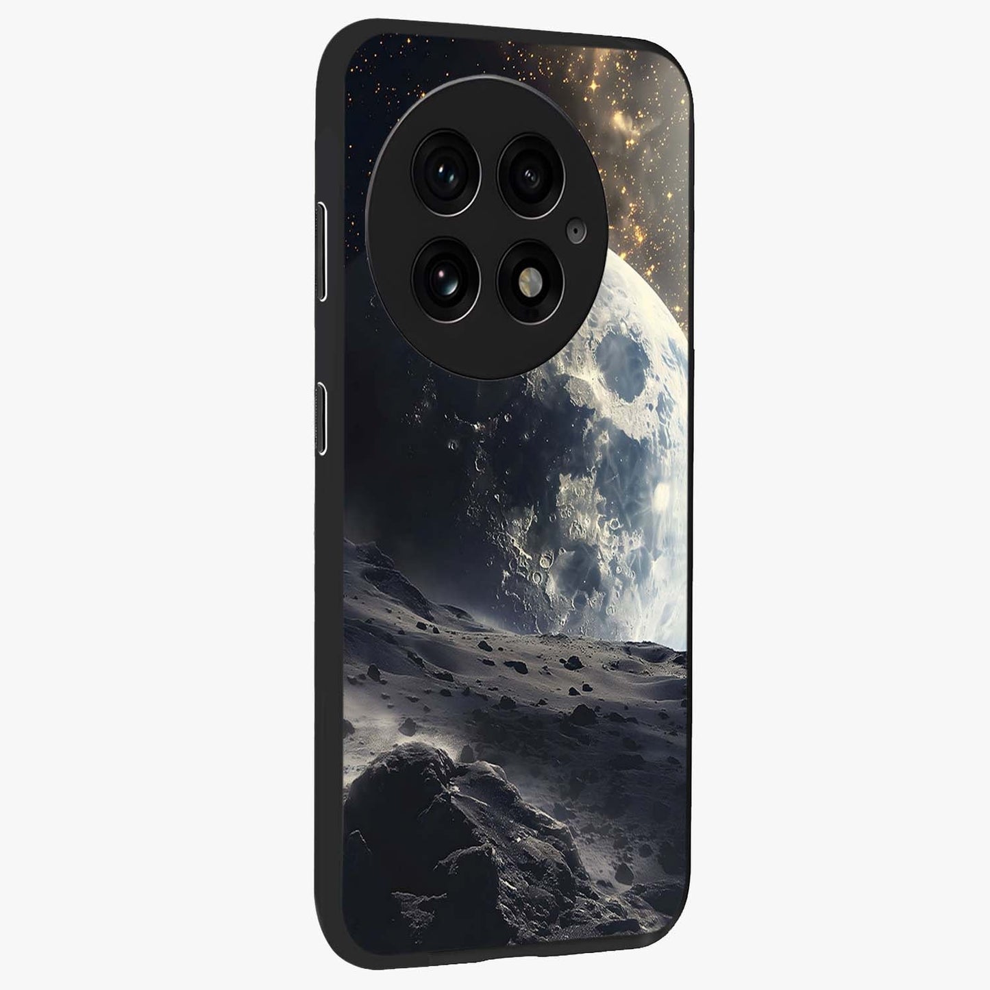 Lunar Horizon Glow Glass Case for 1+13 side perspective highlighting smooth gradient textures and premium edges