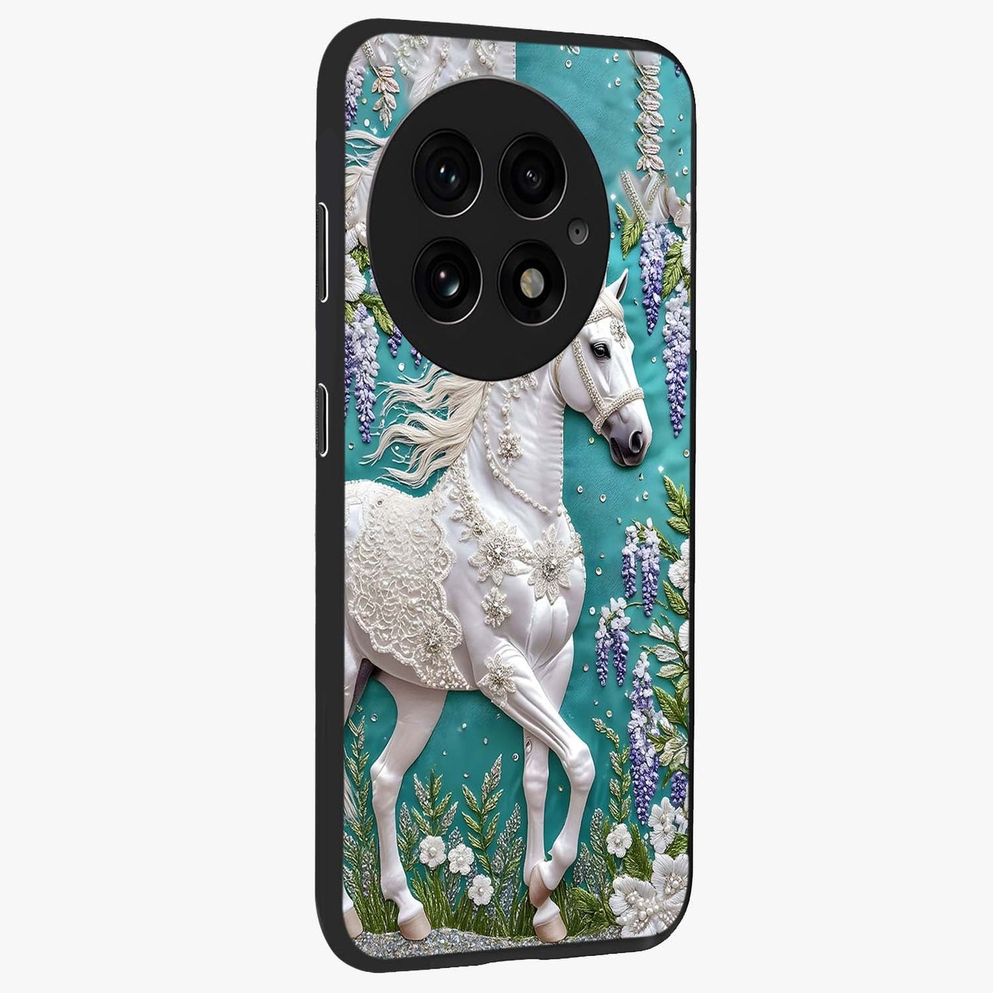 Majestic Floral Stallion Glass Case for 1+13 side perspective highlighting refined equestrian textures and premium edges