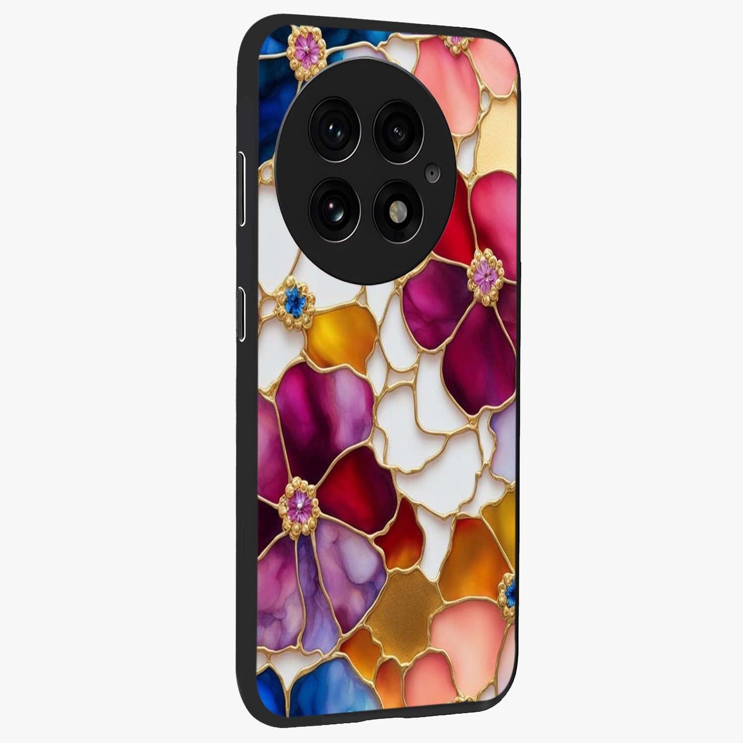 Marble Flower Pattern Glass Case for 1+13 side perspective highlighting elegant marble textures and sleek build