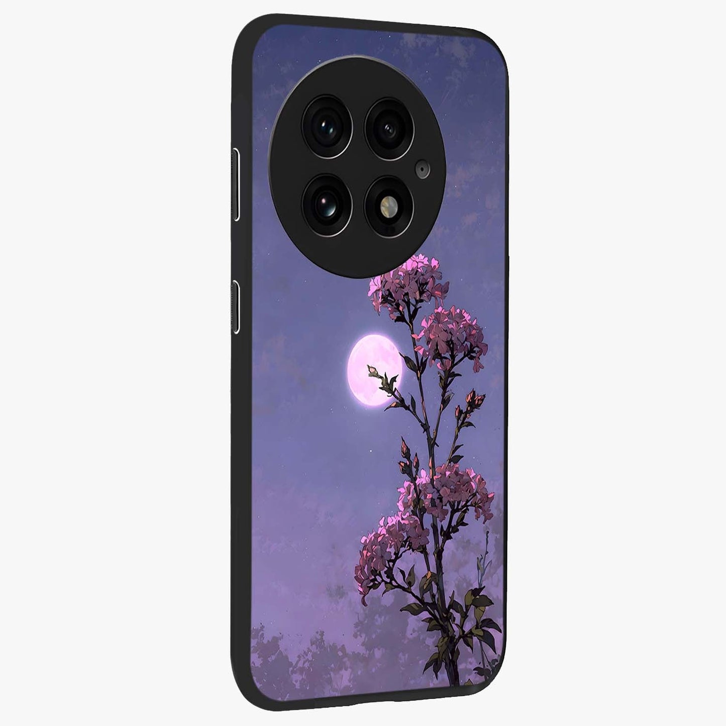 Moonlit Petal Night Glass Case for 1+13 side perspective highlighting graceful petal textures and smooth build