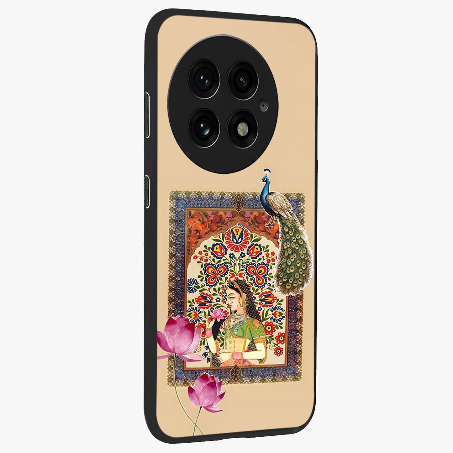 Mughal Princess and Peacock Glass Case for 1+13 side perspective highlighting detailed cultural textures and smooth premium build