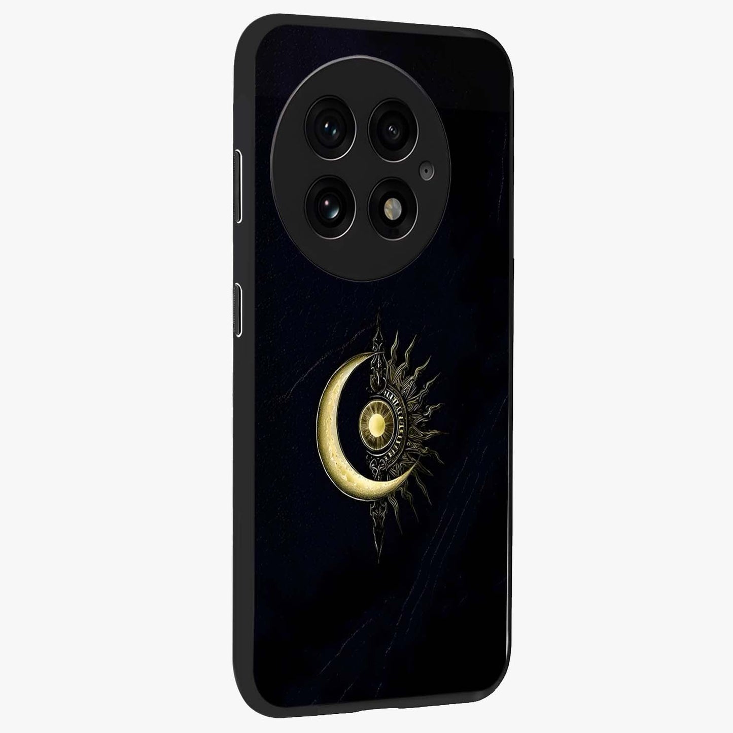 Mystic Lunar Flame Glass Case for 1+13 side perspective highlighting intense flame textures and premium build