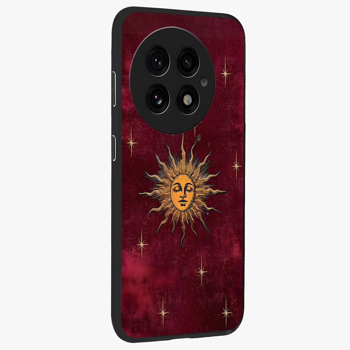 Mystic Solar Glow Glass Case for 1+13 side perspective highlighting luminous detailing and premium edges