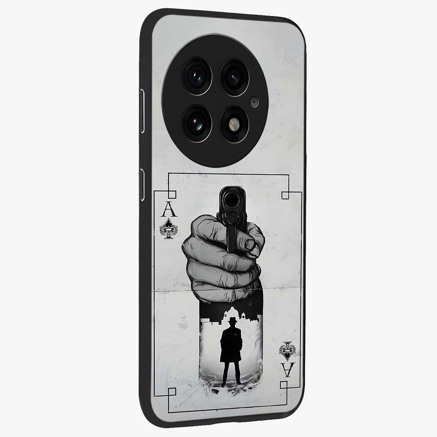 Noir Trigger Fate Glass Case for 1+13 side perspective highlighting strong contrast textures and premium edges