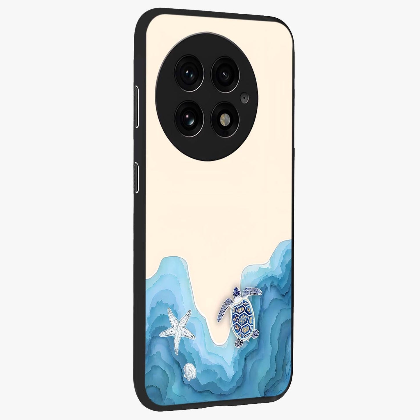Ocean Drift Turtle Glass Case for 1+13 side perspective highlighting aquatic textures and premium edges