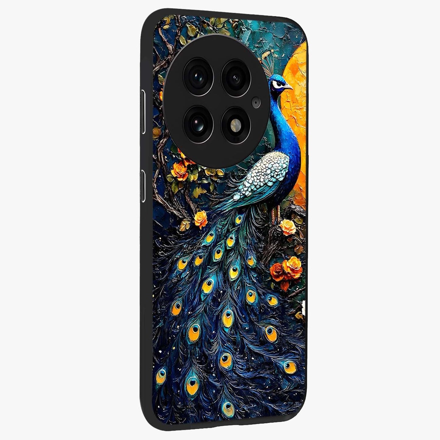 Peacock With Yellow Moon Glass Case for 1+13 side perspective highlighting vibrant plumage detailing and premium edges