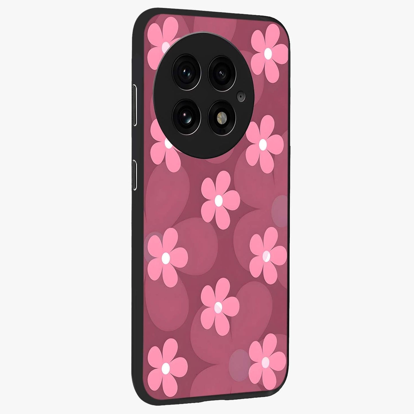 Pink Daisy Flower Pattern Glass Case for 1+13 side perspective highlighting bright floral textures and smooth build