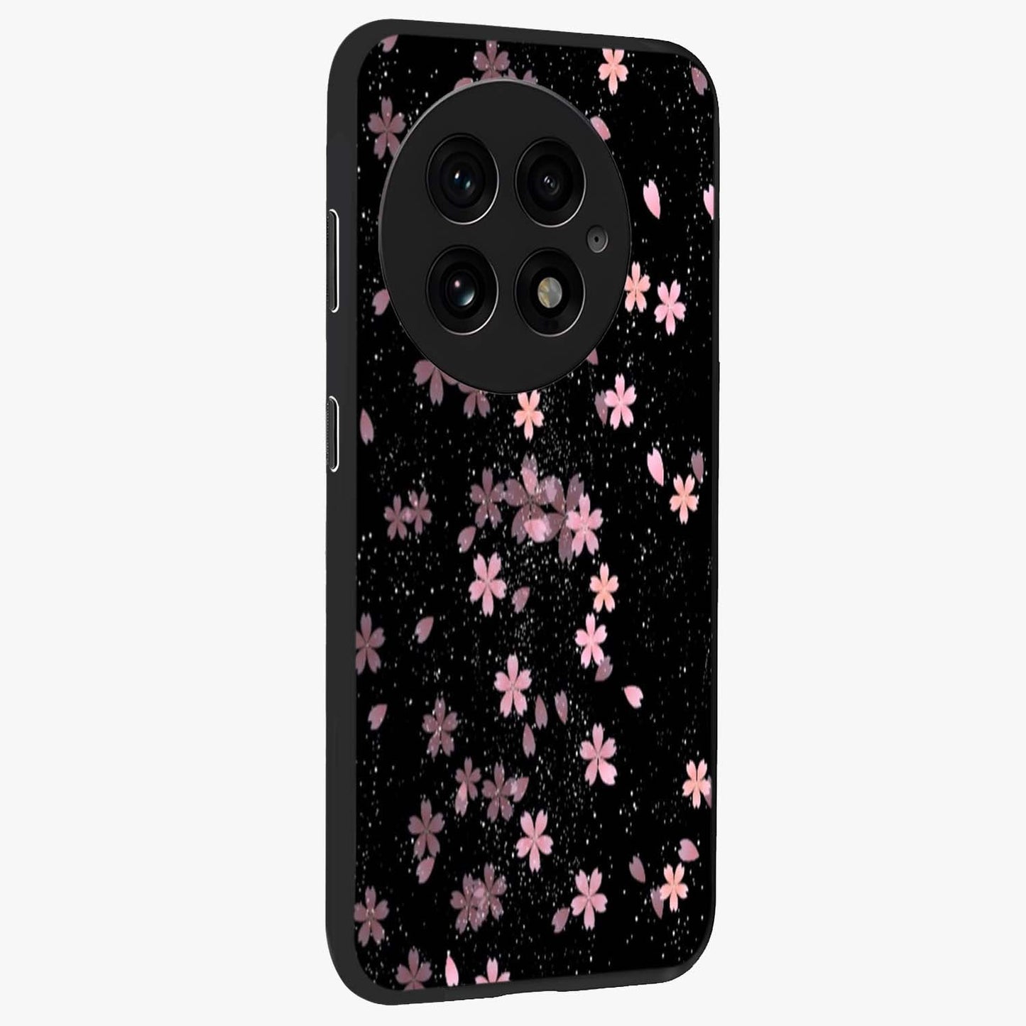 Pink Flower Black Background Glass Case for 1+13 side perspective highlighting vivid bloom textures and sleek build
