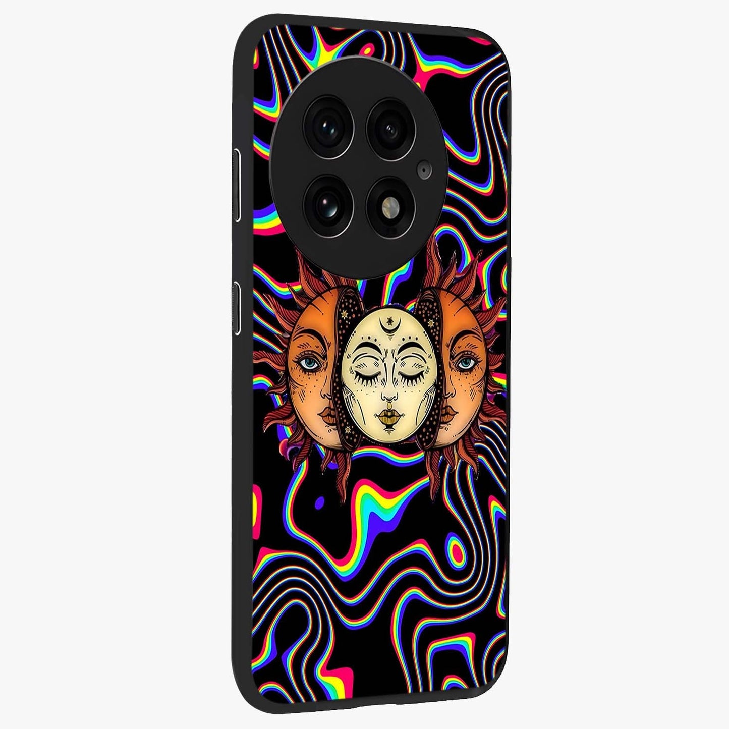 Psychedelic Sun Glass Case for 1+13 side perspective highlighting vivid gradients and premium edge finish