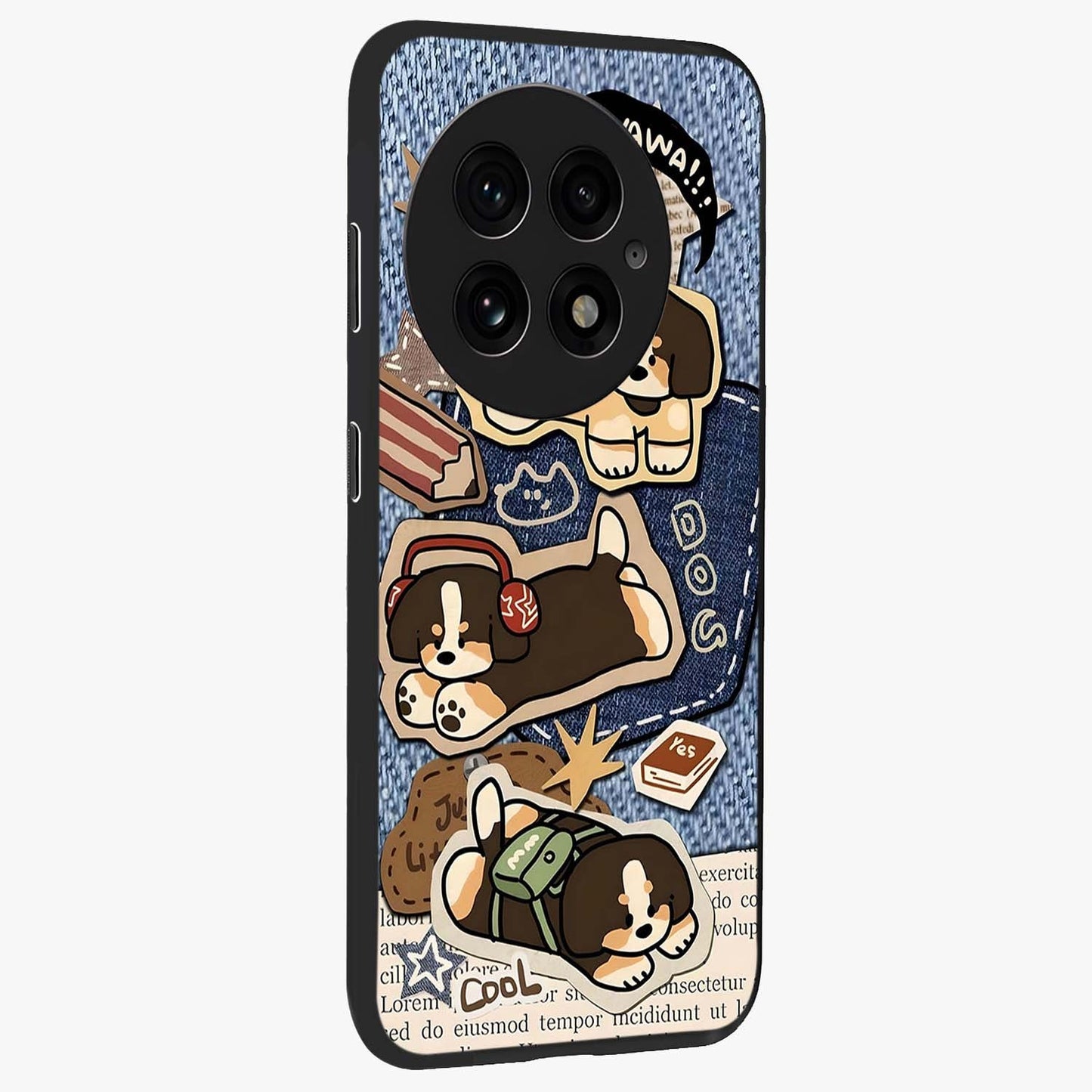 Puppy Sticker Parade Glass Case for 1+13 side perspective highlighting fun sticker textures and premium edges