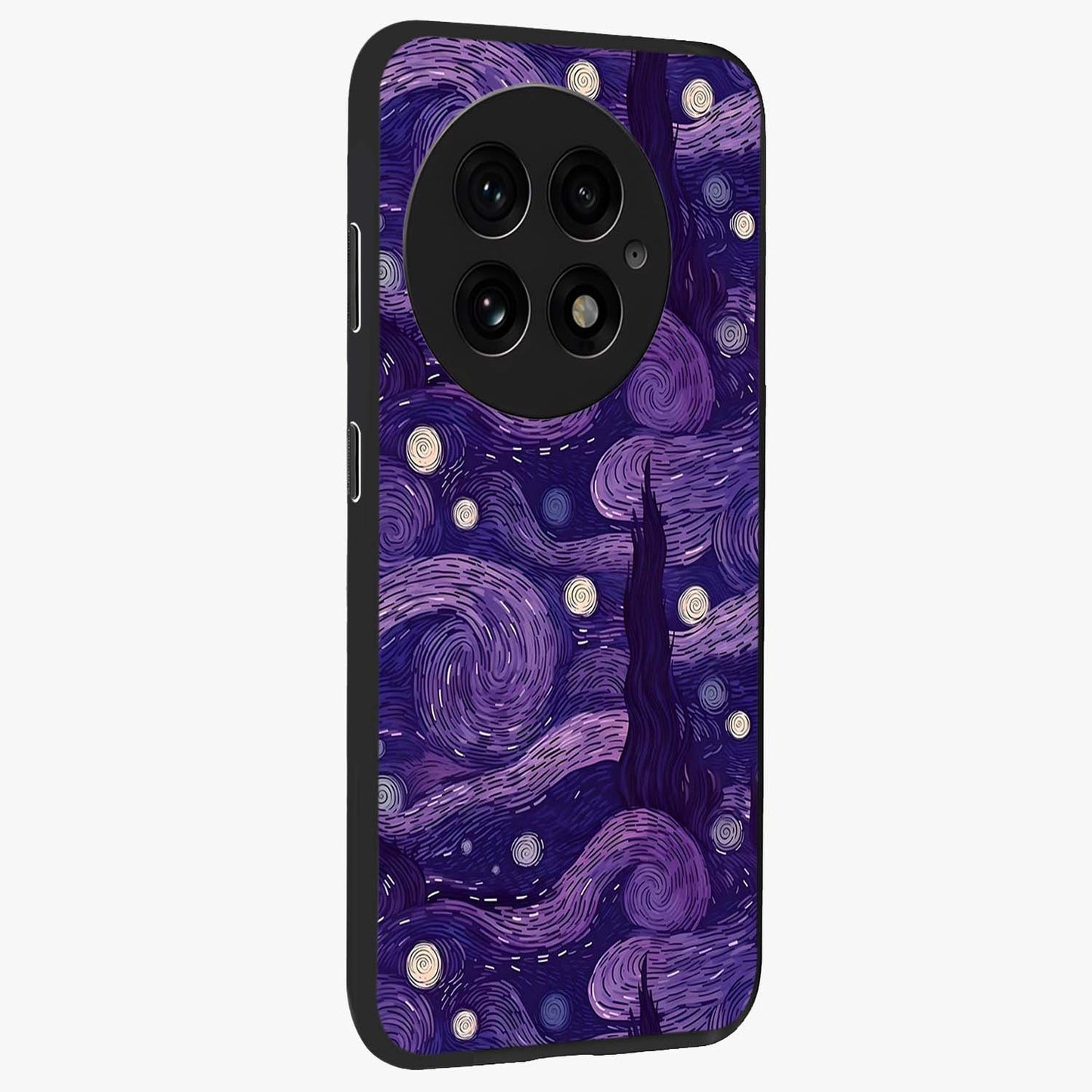 Purple Swirls Glass Case for 1+13 side perspective highlighting fluid textures and sleek premium build