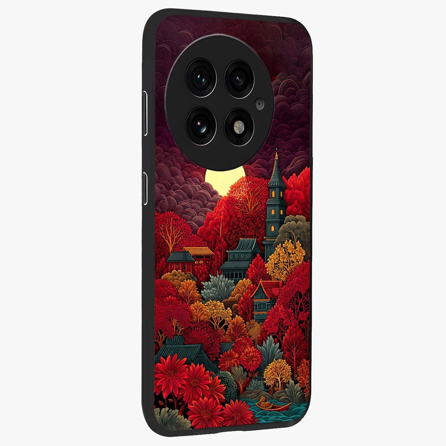 Red Scenery Hot Glass Case for 1+13 side perspective highlighting vivid gradient textures and smooth build