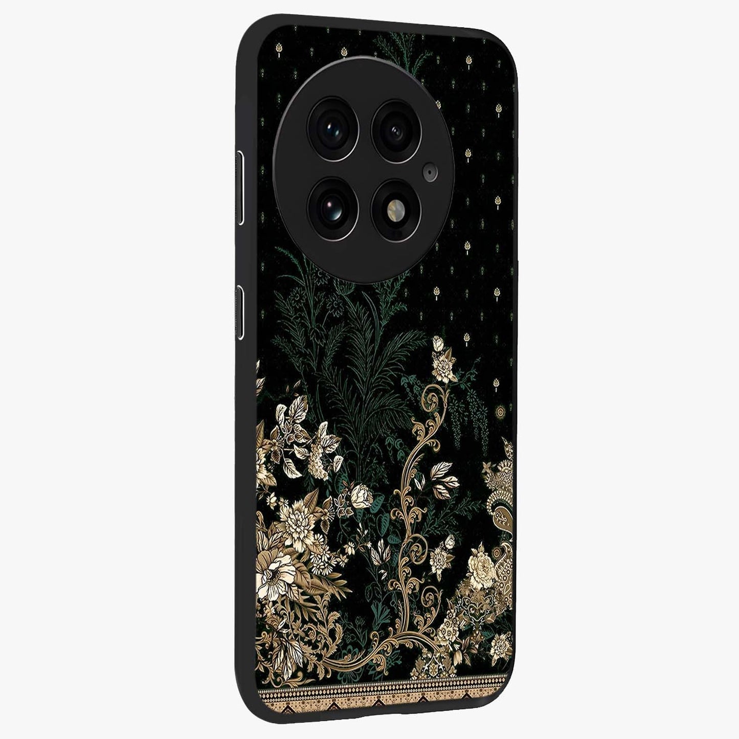 Regal Botanical Tapestry Glass Case for 1+13 side perspective highlighting detailed floral textures and sleek premium build