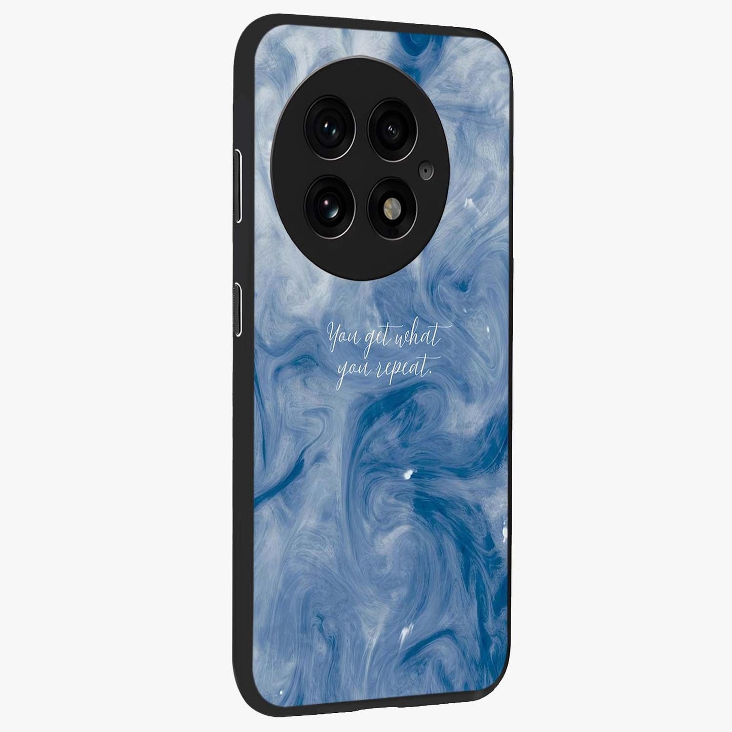 Repeat Your Destiny Glass Case for 1+13 side perspective highlighting strong text textures and premium edges