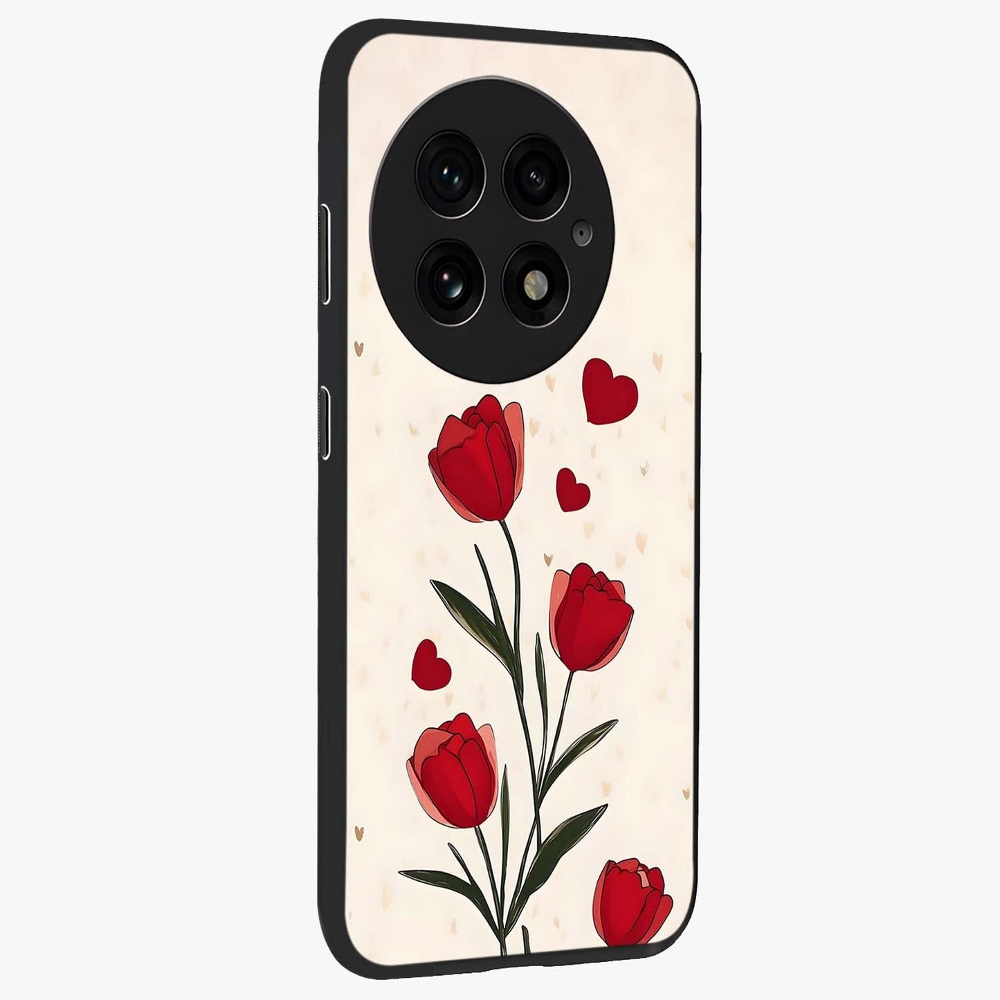 Romantic Tulip Hearts Glass Case for 1+13 side perspective highlighting delicate bloom textures and premium edges