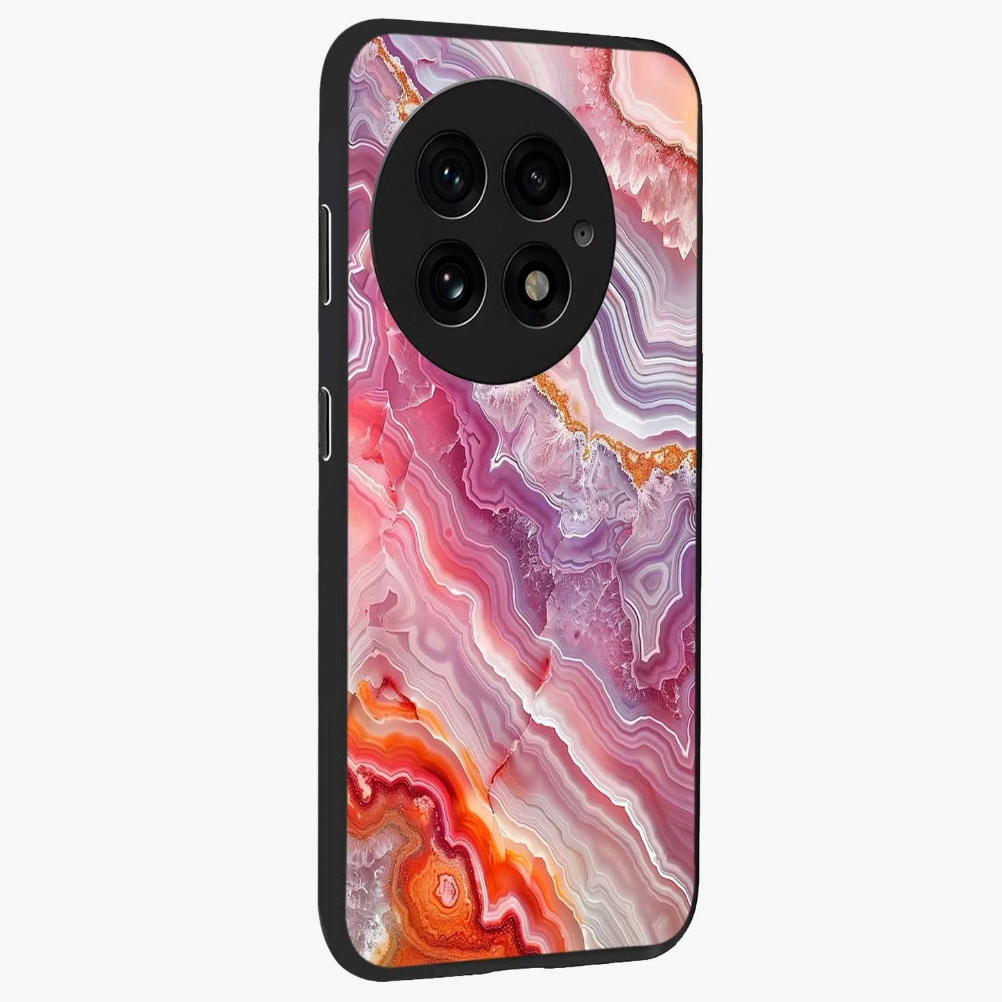 Rose Quartz Marble Glass Case for 1+13 side perspective highlighting refined marble textures and sleek premium build