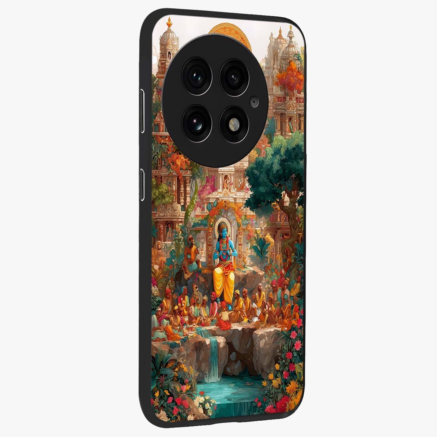 Sacred Sunlight Gods Glass Case for 1+13 side perspective highlighting intricate spiritual detailing and smooth build