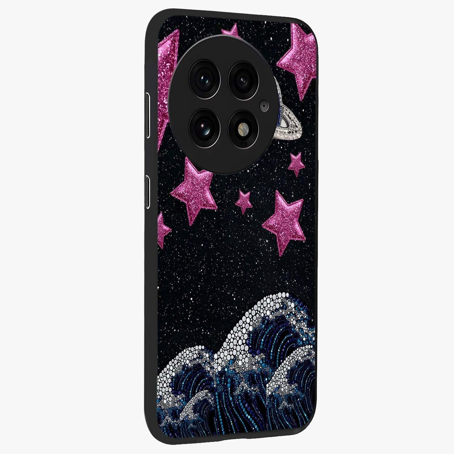 Saturn Pink Storm Glass Case for 1+13 side perspective highlighting planetary textures and premium edges