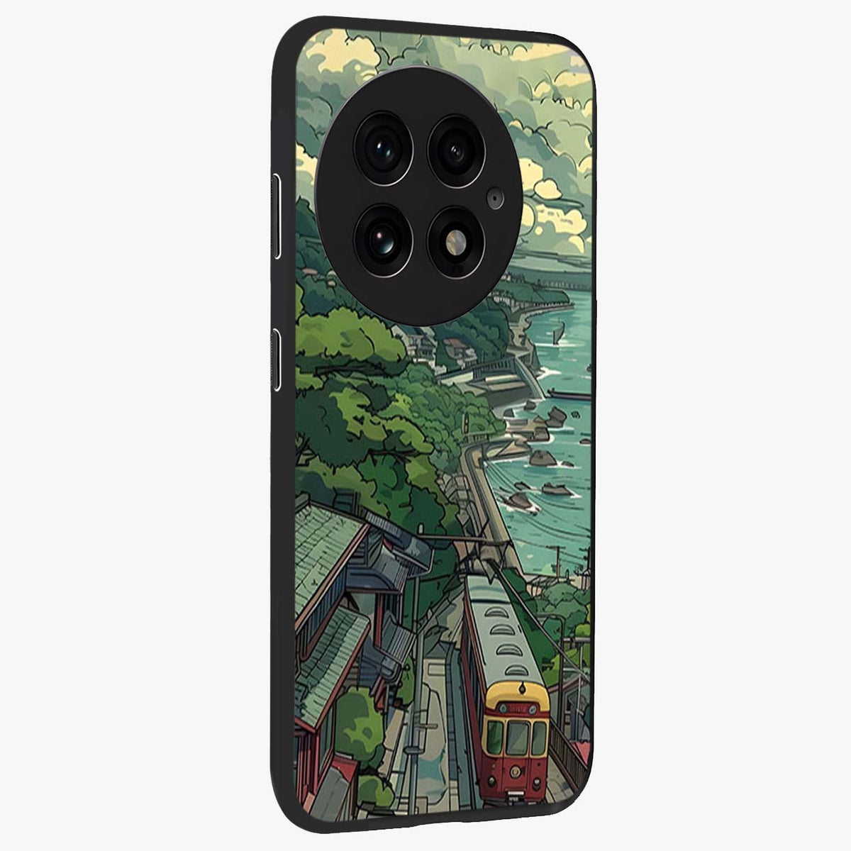 Seaside Train Ride Glass Case for 1+13 side perspective highlighting detailed scenery textures and premium edges