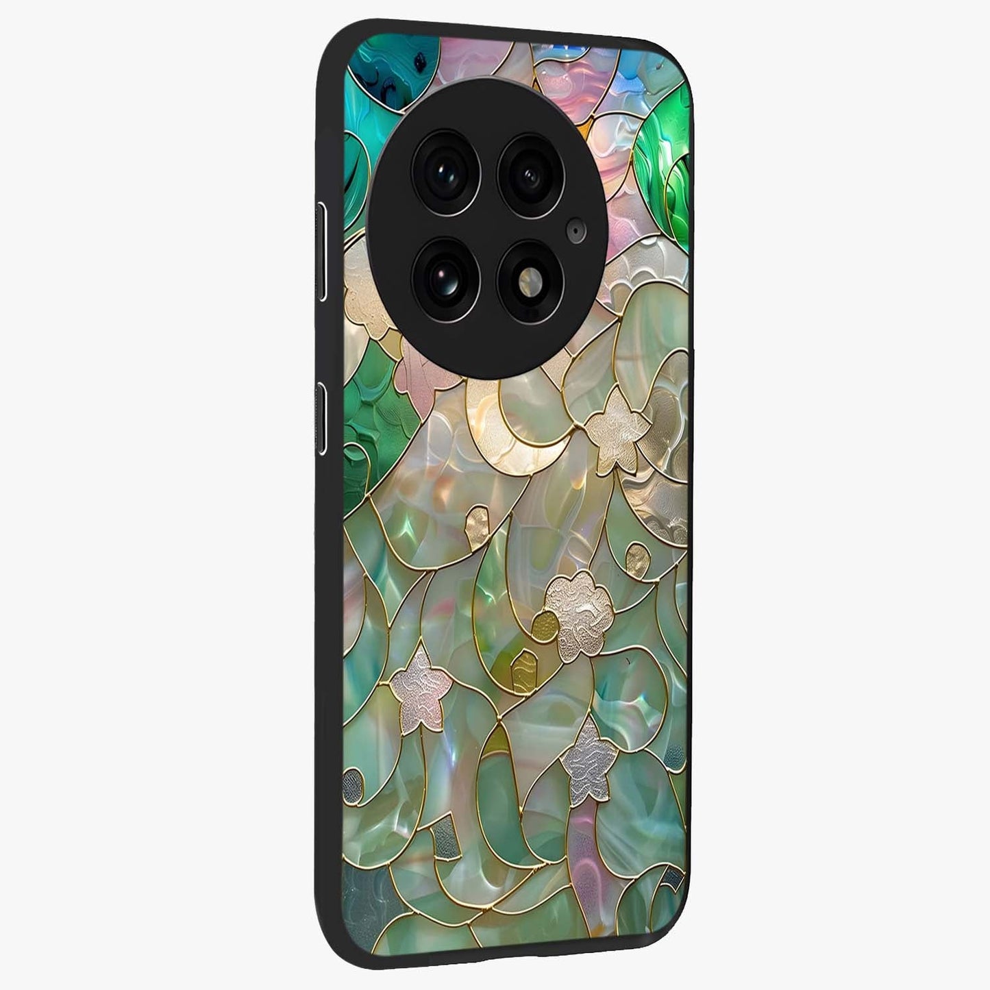 Stained Sunrise Glow Glass Case for 1+13 side perspective highlighting luminous textures and sleek premium build