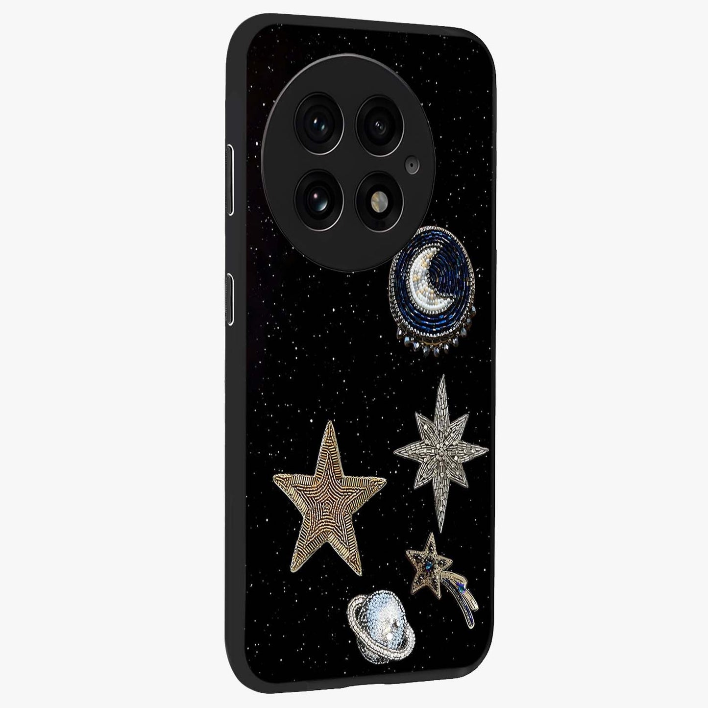 Starlit Cosmic Dreams Glass Case for 1+13 side perspective highlighting luminous textures and premium edges