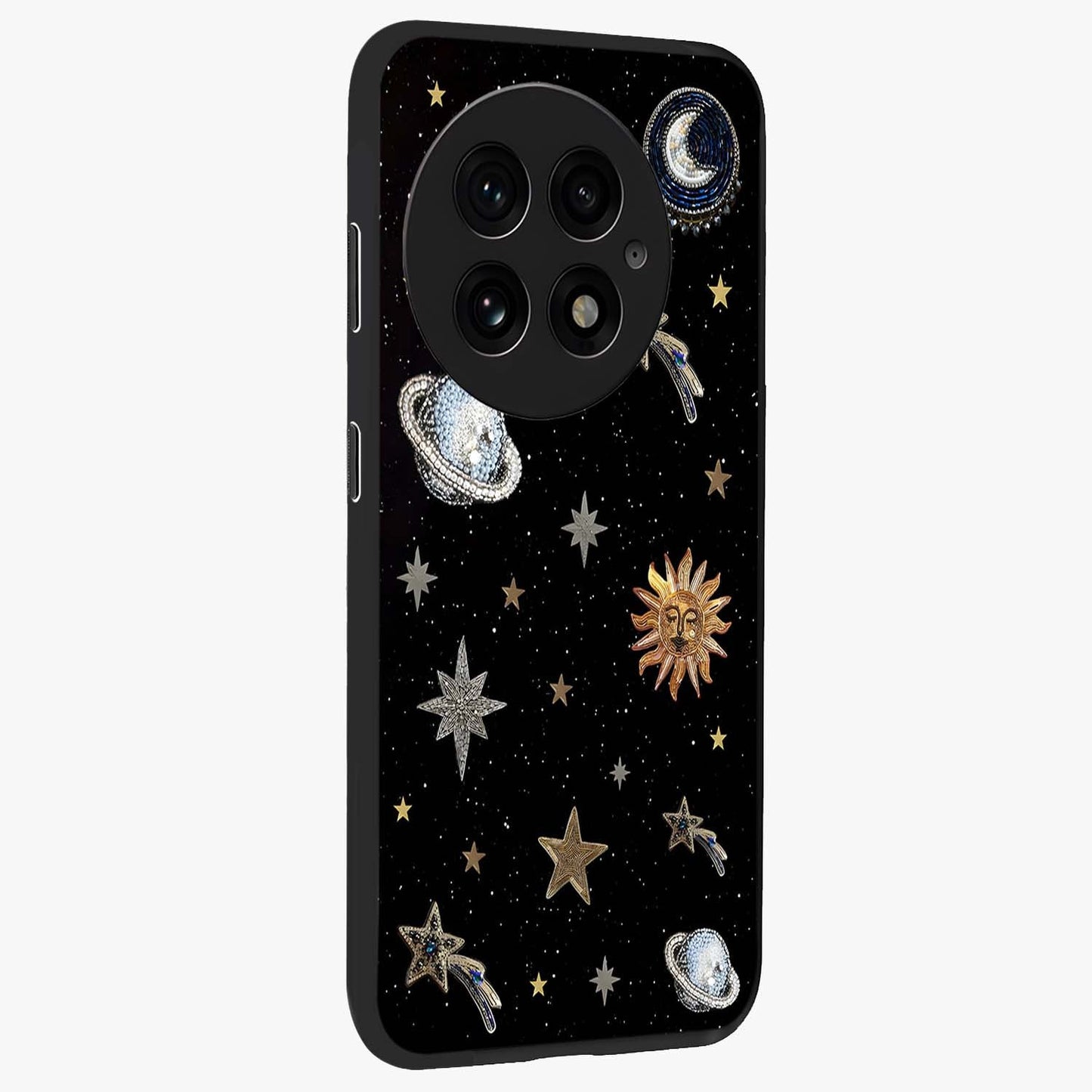 Stars and Planets Brooches Glass Case for 1+13 side perspective highlighting intricate planetary textures and sleek build