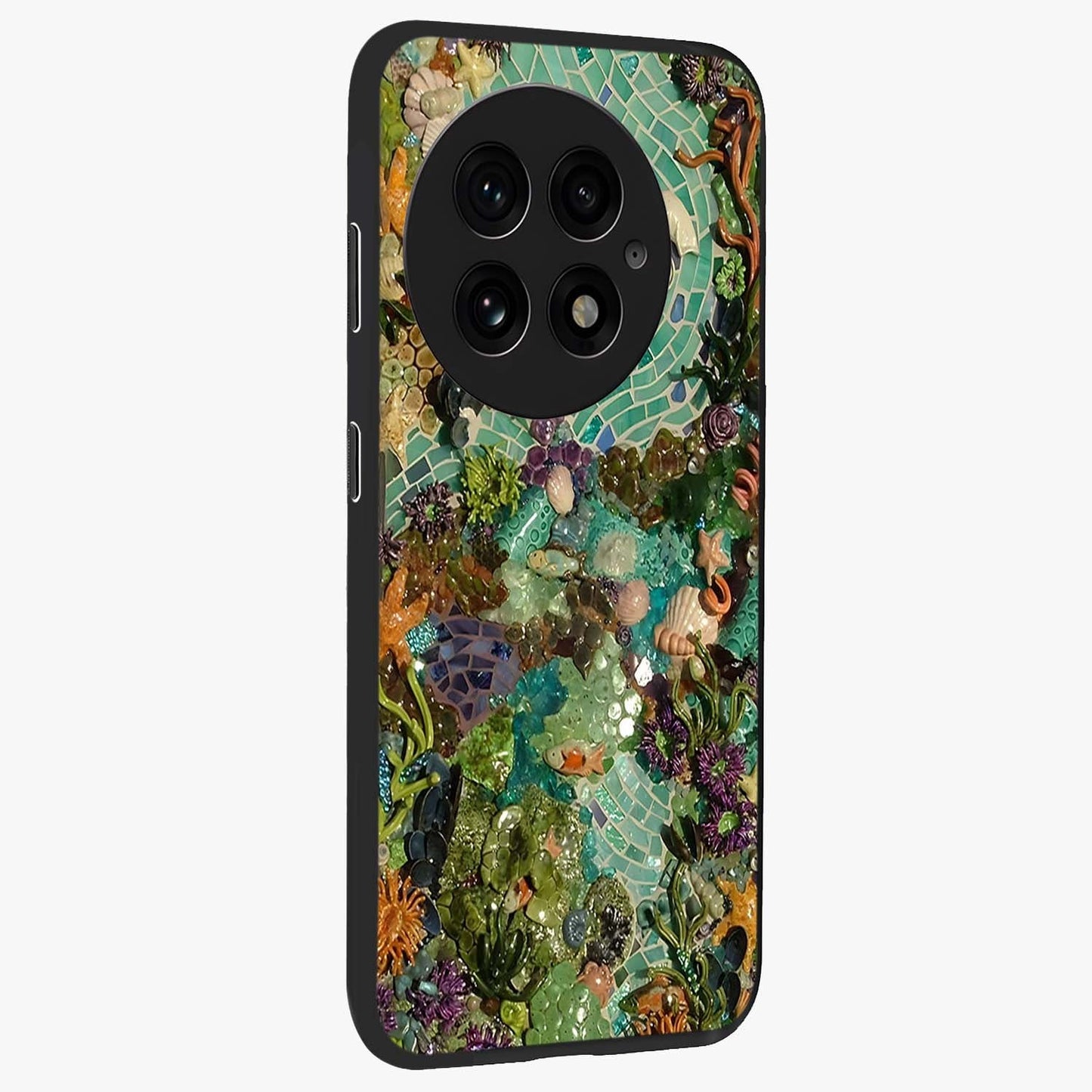 Underwater Mosaic Art Glass Case for 1+13 side perspective highlighting detailed tile textures and premium edges